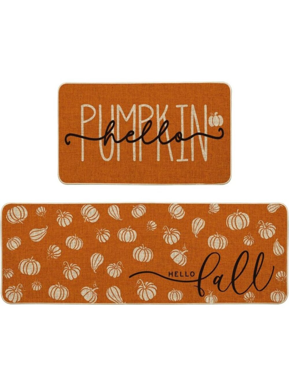 Fall Kitchen Mats Set of 2 - Orange Hello Pumpkin Design, 17x29 & 17x47 Inches